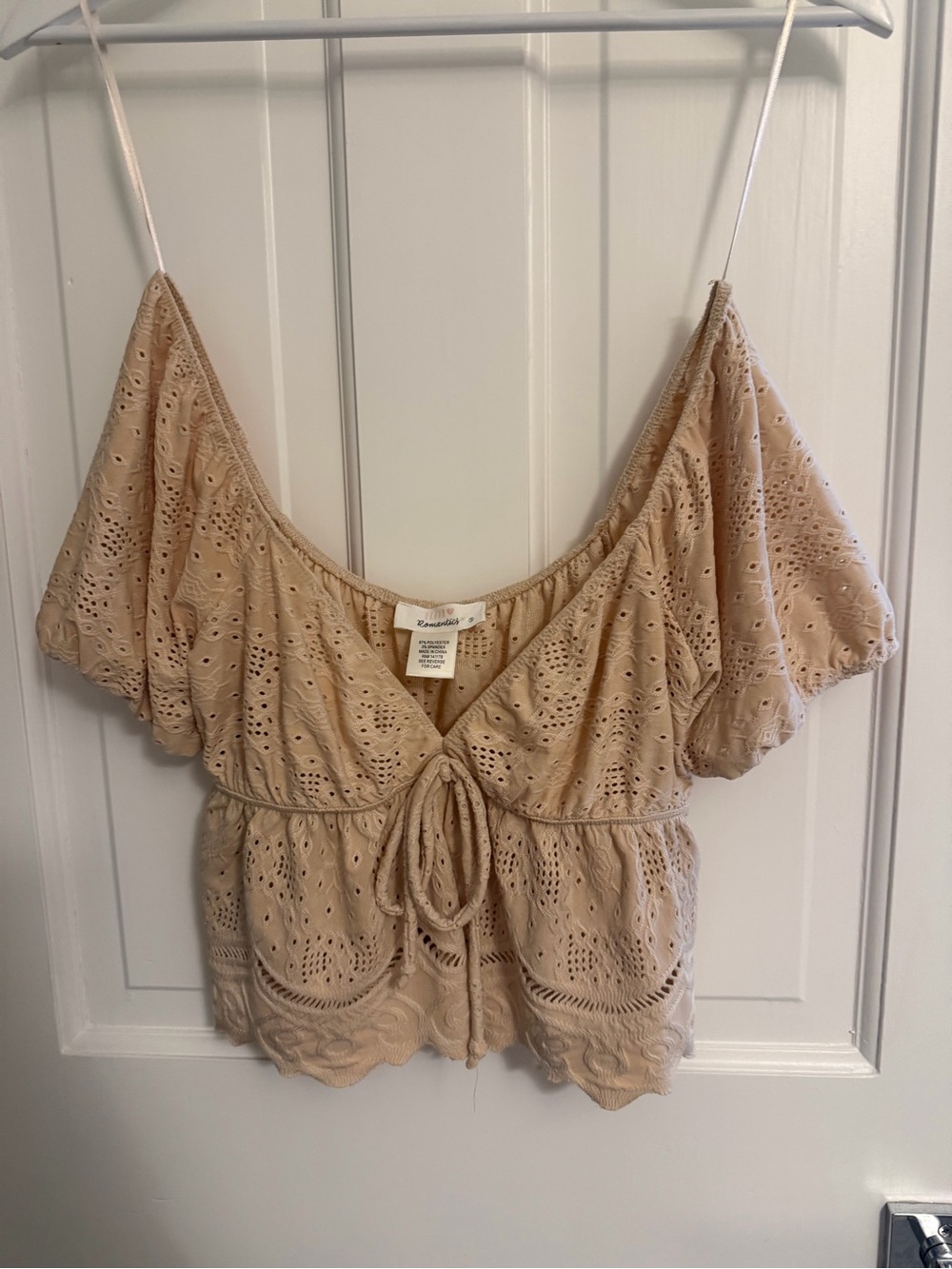 URBAN Romantics Beige Eyelet Tie-Front Peasant Top